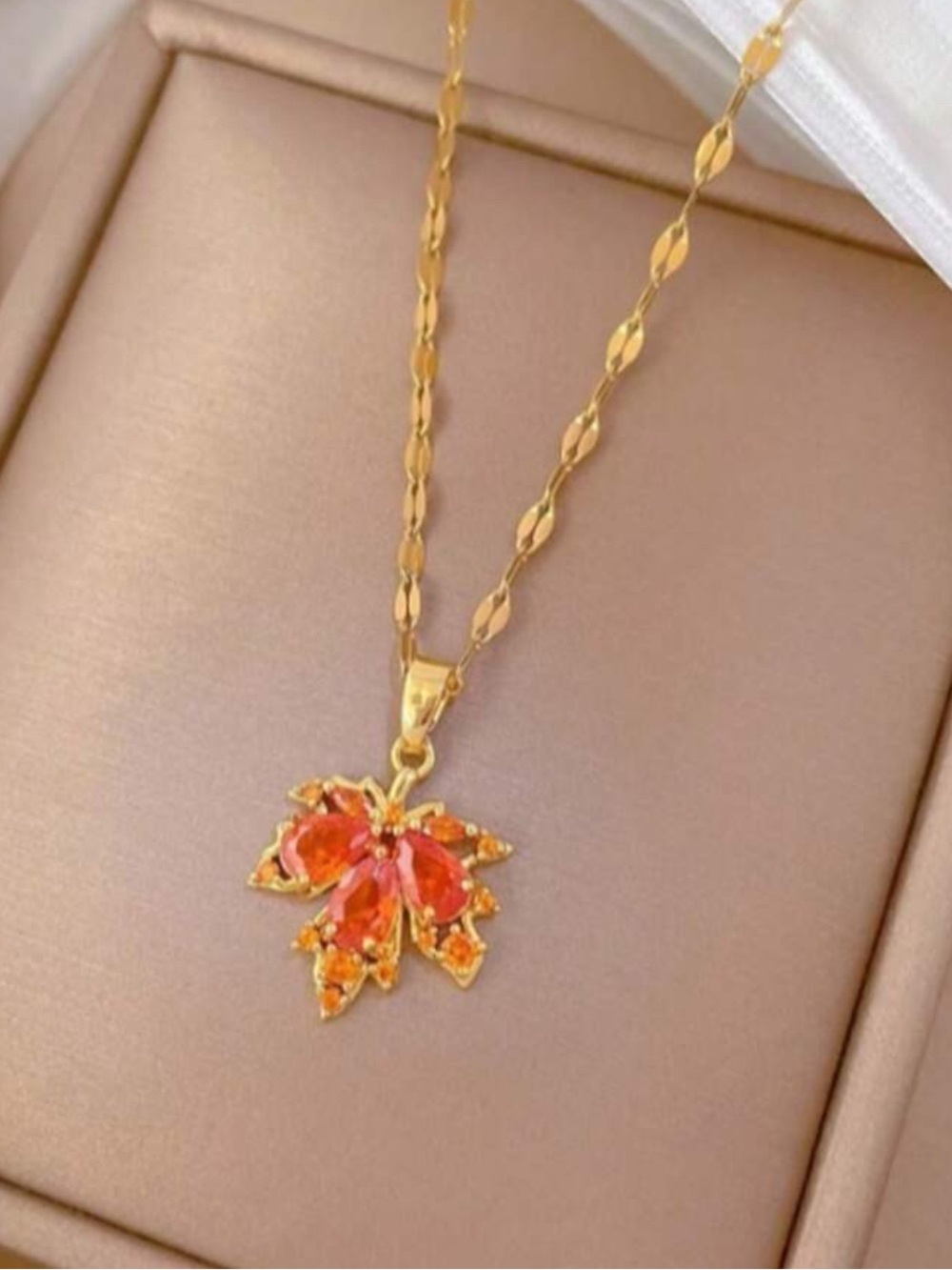 Maple 🍁 Leaf Pendant Necklace with Orange Gemstones